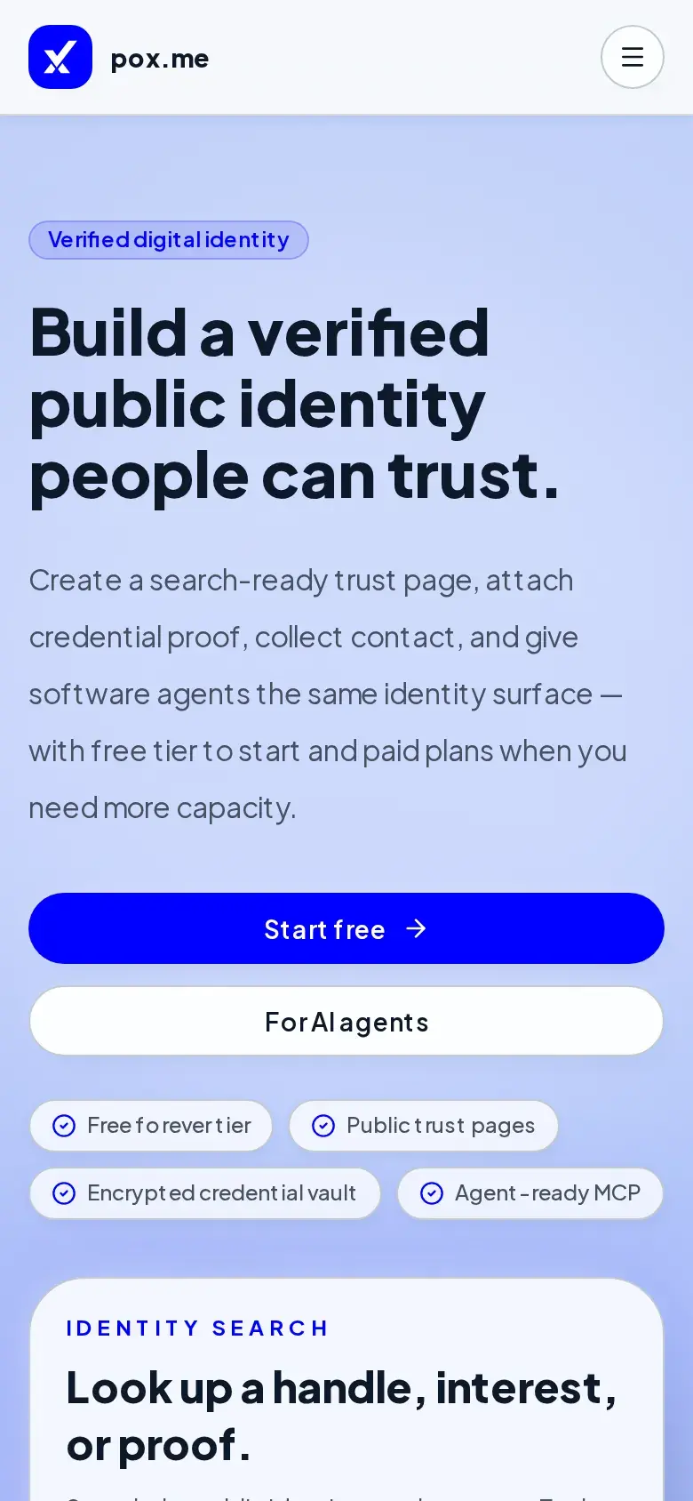 Screenshot of the Proof of X home page