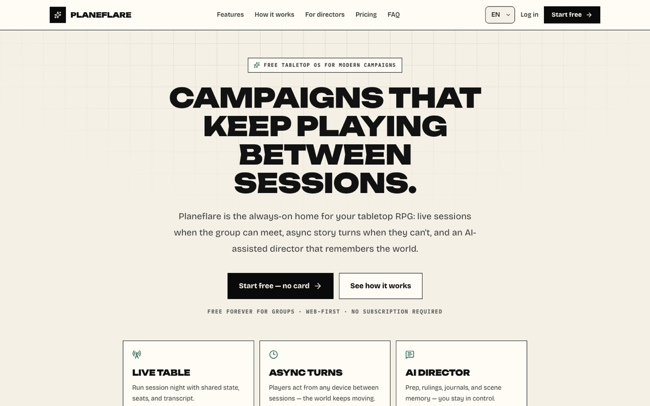 Planeflare product homepage screenshot